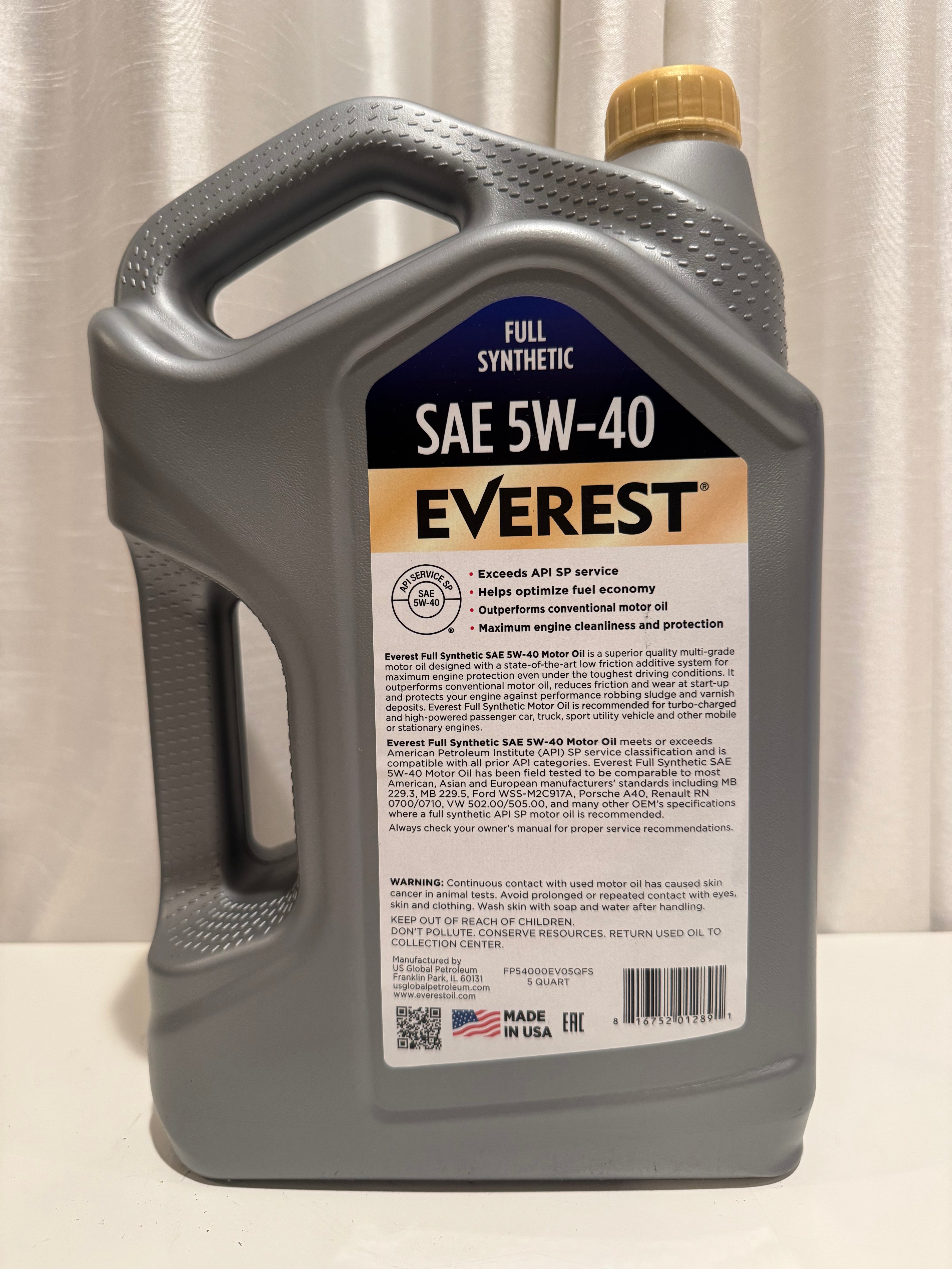 EVEREST FULL SYNTHETIC 5W-40 MOTOR OIL 5L