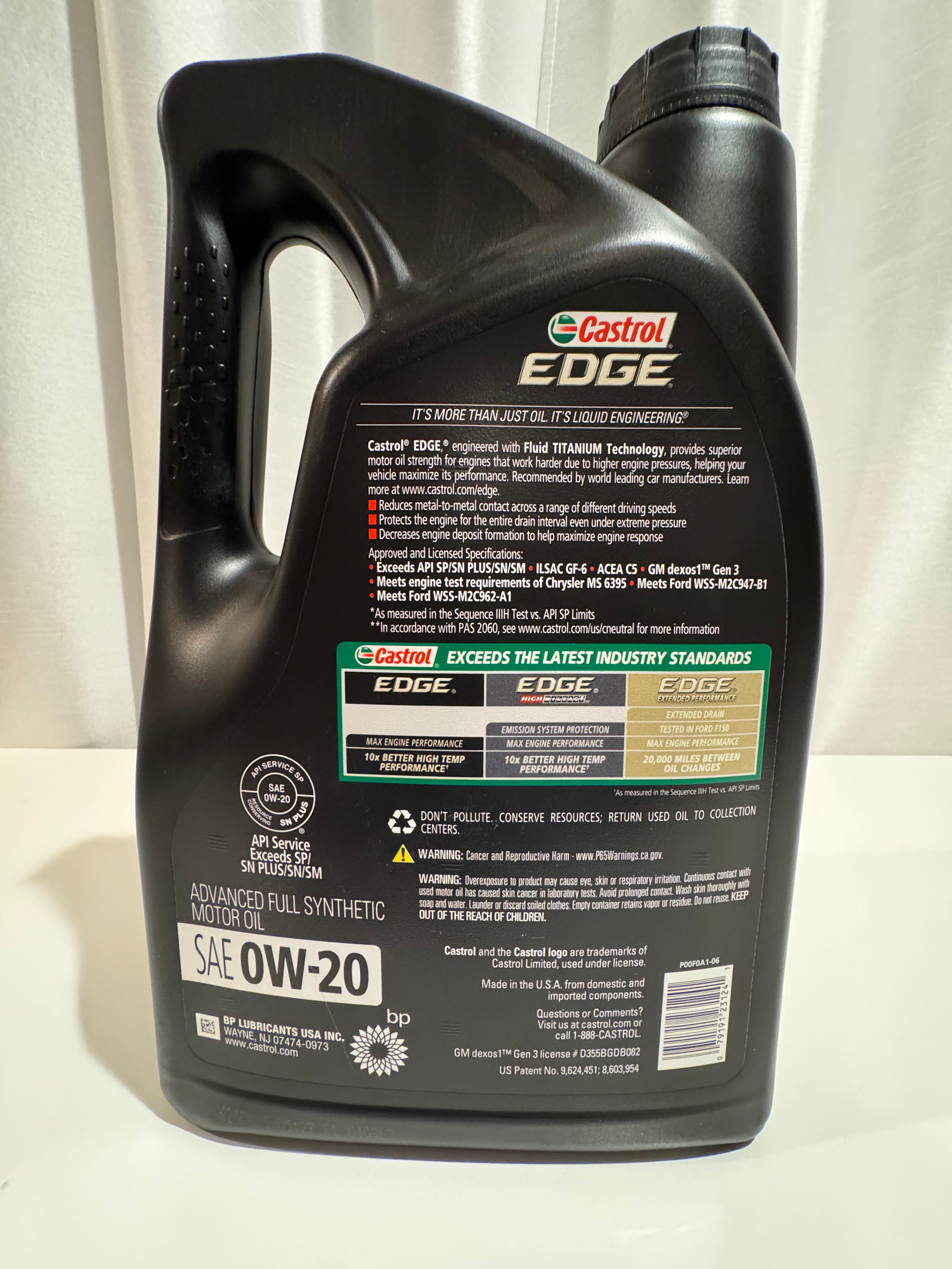 CASTROL EDGE FULL SYNTHETIC 0W-20 MOTOR OIL 5L