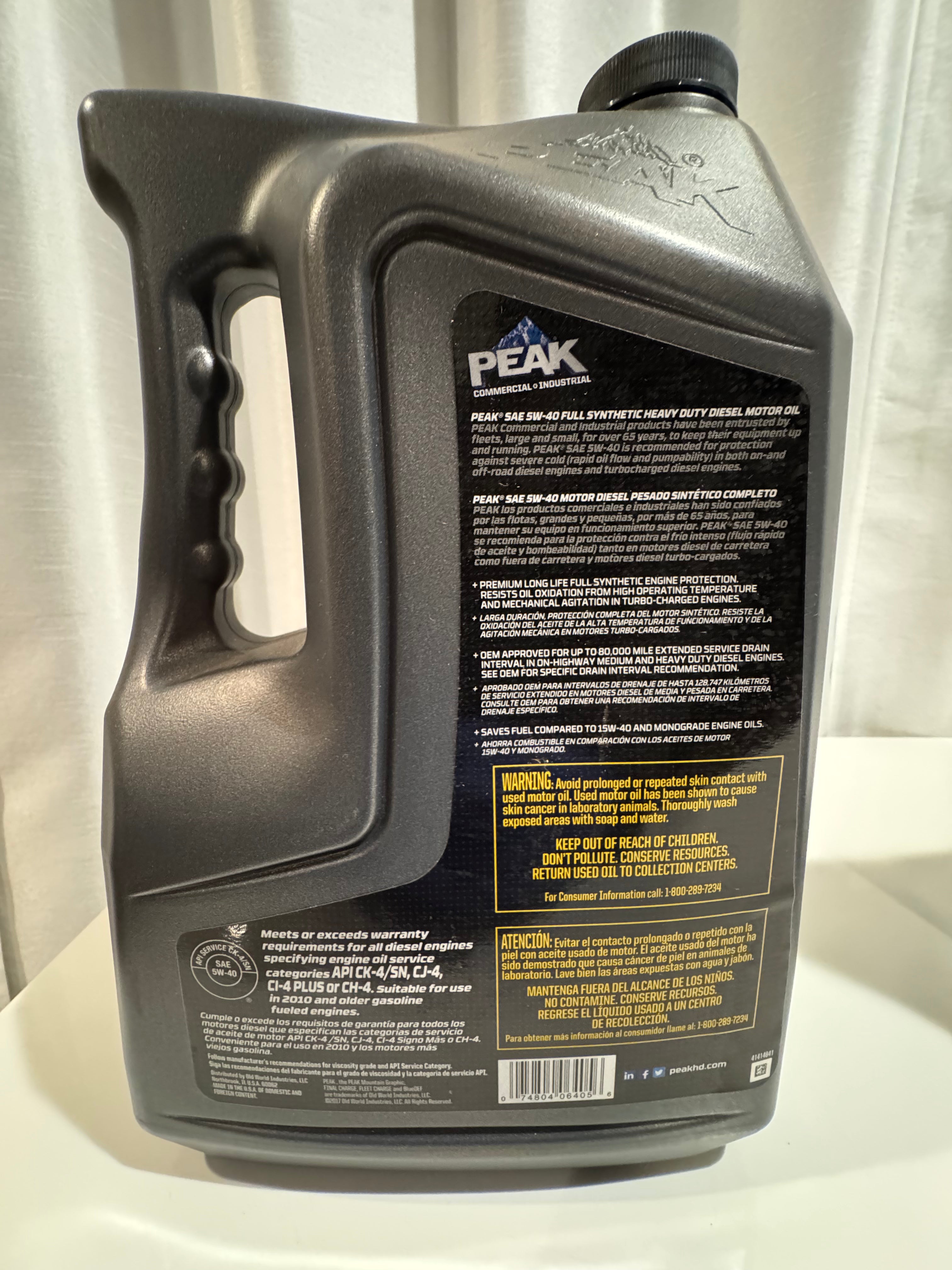 PEAK FULL SYNTHETIC COMMERCIAL INDUSTRIAL 5W-40 HD MOTOR OIL